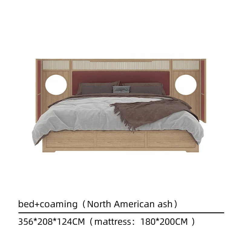 New Chinese Style Solid Wood Bedroom Bed Set with Storage Bookcase Headboard Queen/King Size Luxury Double Bed for Hotel Use