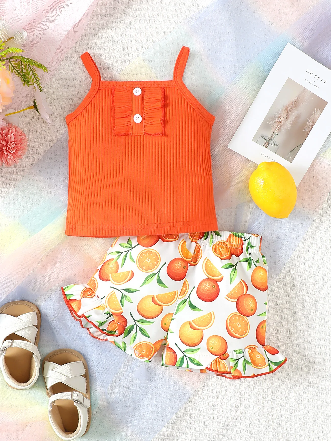 

Fashionable Summer Baby Gir Two-Piece Suspender Green Heart And Fruit Printed Shorts Set
