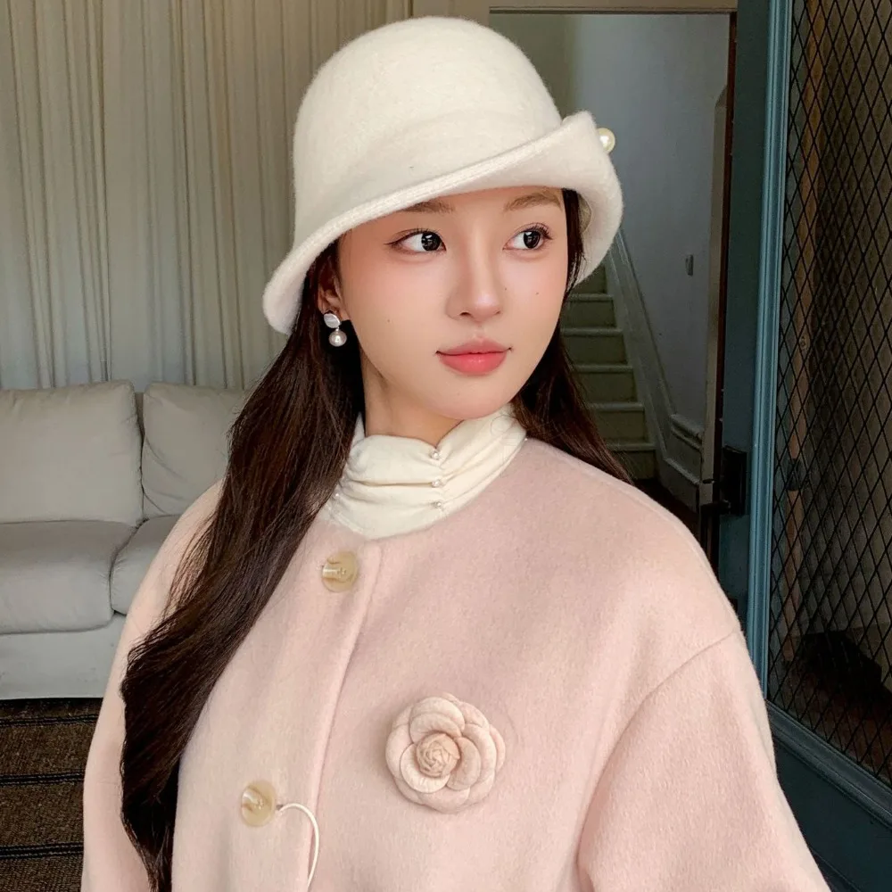 Fashion Retro Wool Blend Fedoras Hat Pearl French Style Hepburn Style Topper Hat Curled Brim Elegant Women Formal Hat Ladies
