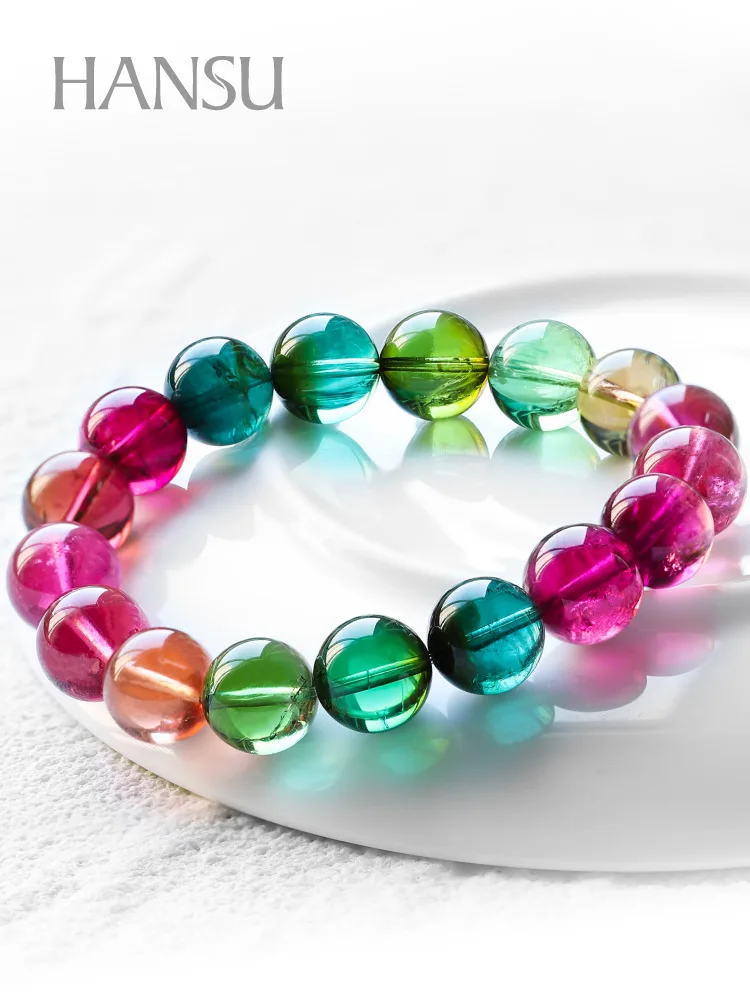 

Natural Tourmaline Women's round Beads Single Circle Rainbow Candy Watermelon Pink High-End Crystal Bracelet