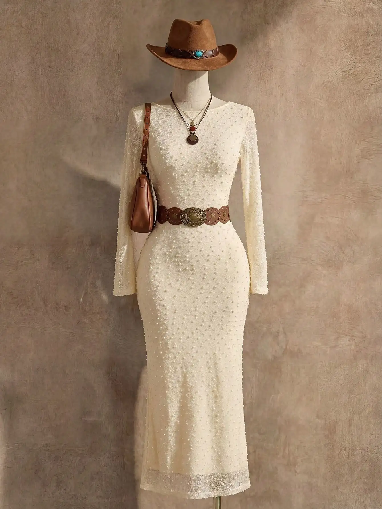 

Cream Textured Pearl-Embellished Long Sleeve Fitted Mermaid Dress with Belt
