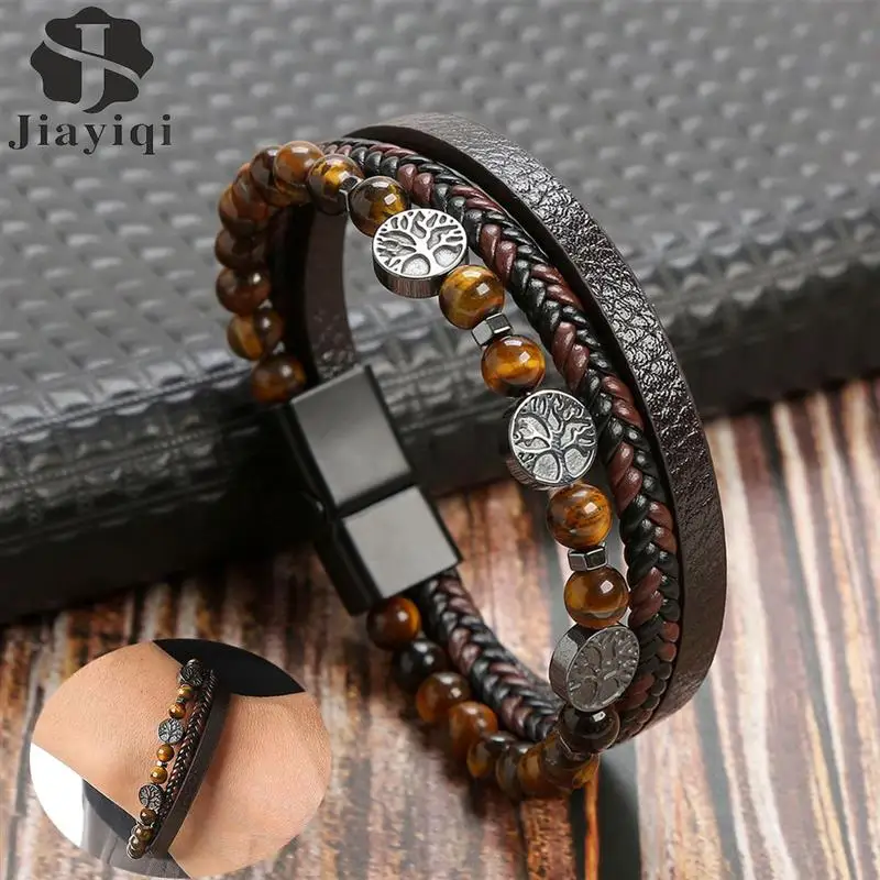 Volcano Stein Perlen Leder Armband Männer Punk Hip Hop Leben Baum Charme Multi-Schicht Leder Armband Für Männer Mode schmuck Geschenk