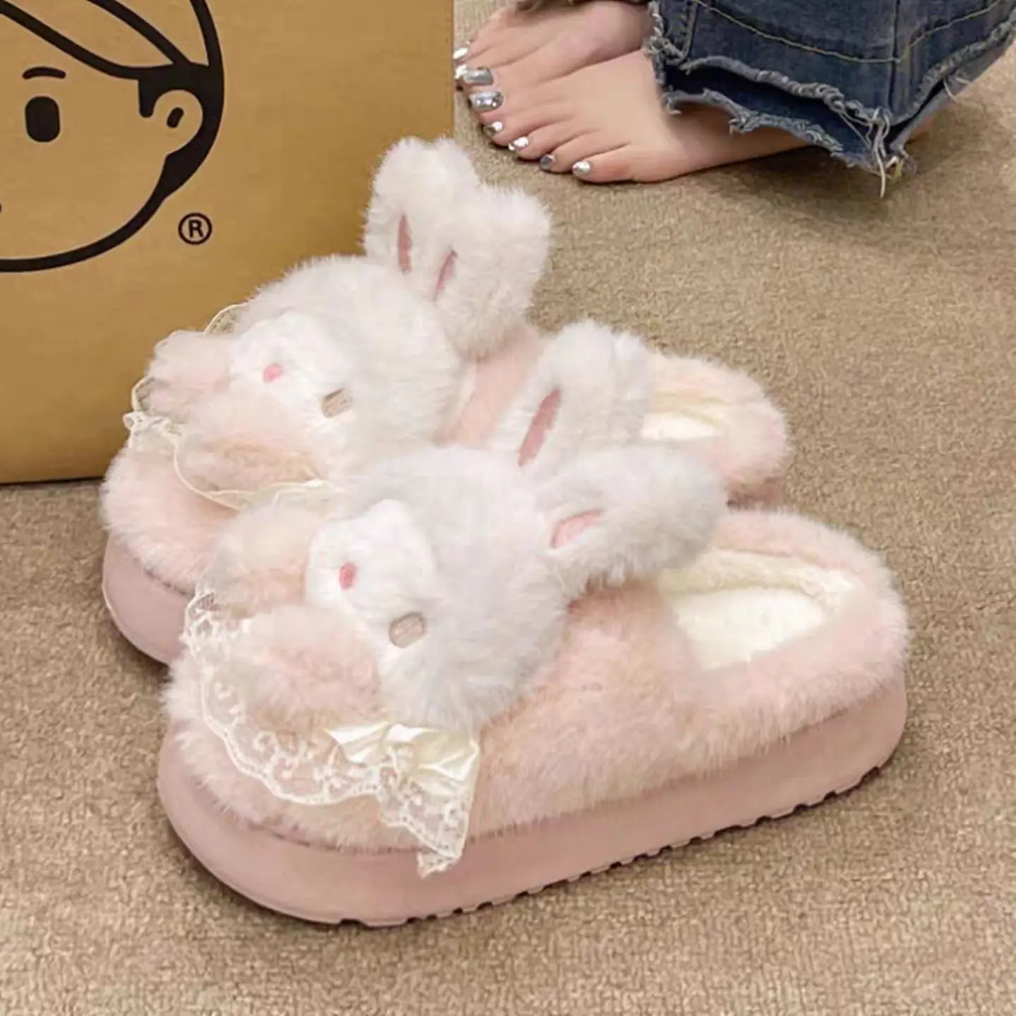 

Cute Rabbit Winter New Women Slipper Soft Heel Platform Fur Warm Indoor Comfortable Home Fluffy Home Cotton Slippers