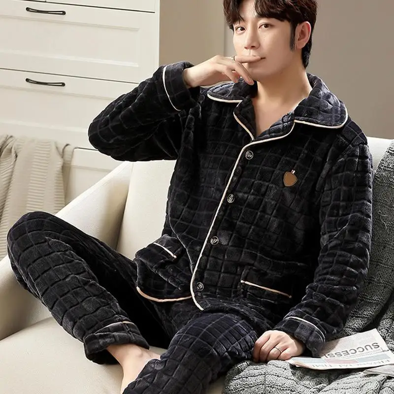 MensCoral Fleece Sleepwear Set Warm Soft Fleece Pajamas Sets For Men Thick Warm Casual Lounge Wear Sets For Men