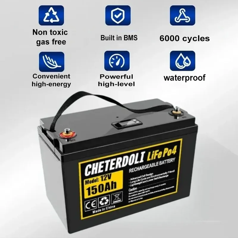 CHETERDOLI Wysokiej jakości oryginalna bateria LiFePO4, 12V, 100AH, 150Ah wbudowany BMS + ładowarka 14,6V