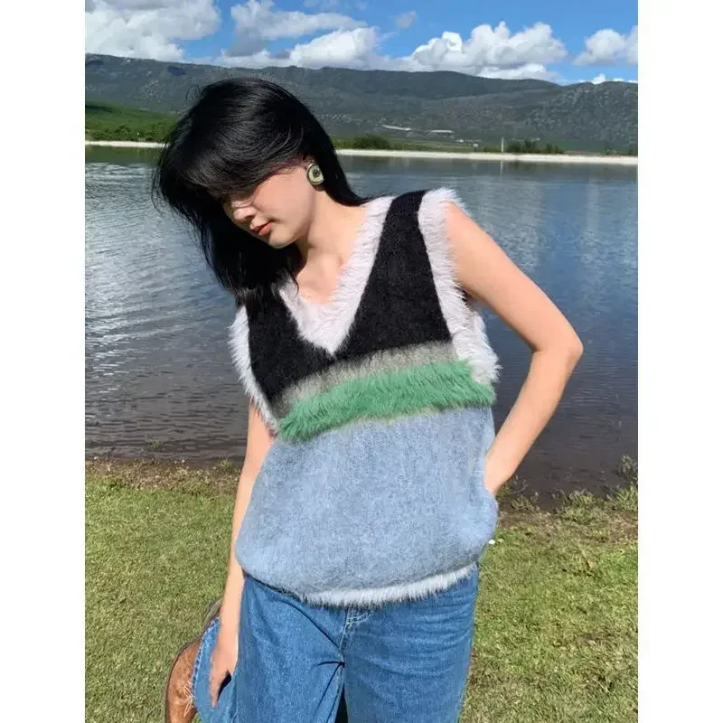 

Women Color Block Vintage V-Neck Sweater Vest 2023 Fall Winter Korean Fashion New in Knit Niche Design Spliced Loose Tops