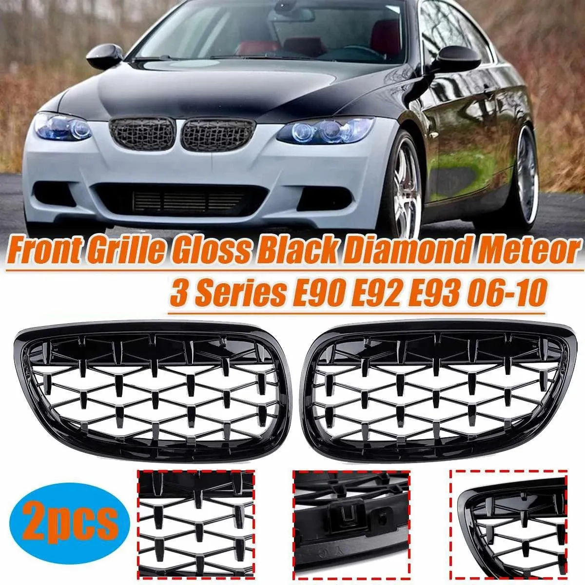 2X Car Front Bumper Hood Kidney Grille Diamond Meteor Racing Grill Glossy Black for -BMW 3 Series E92 E93 2DR