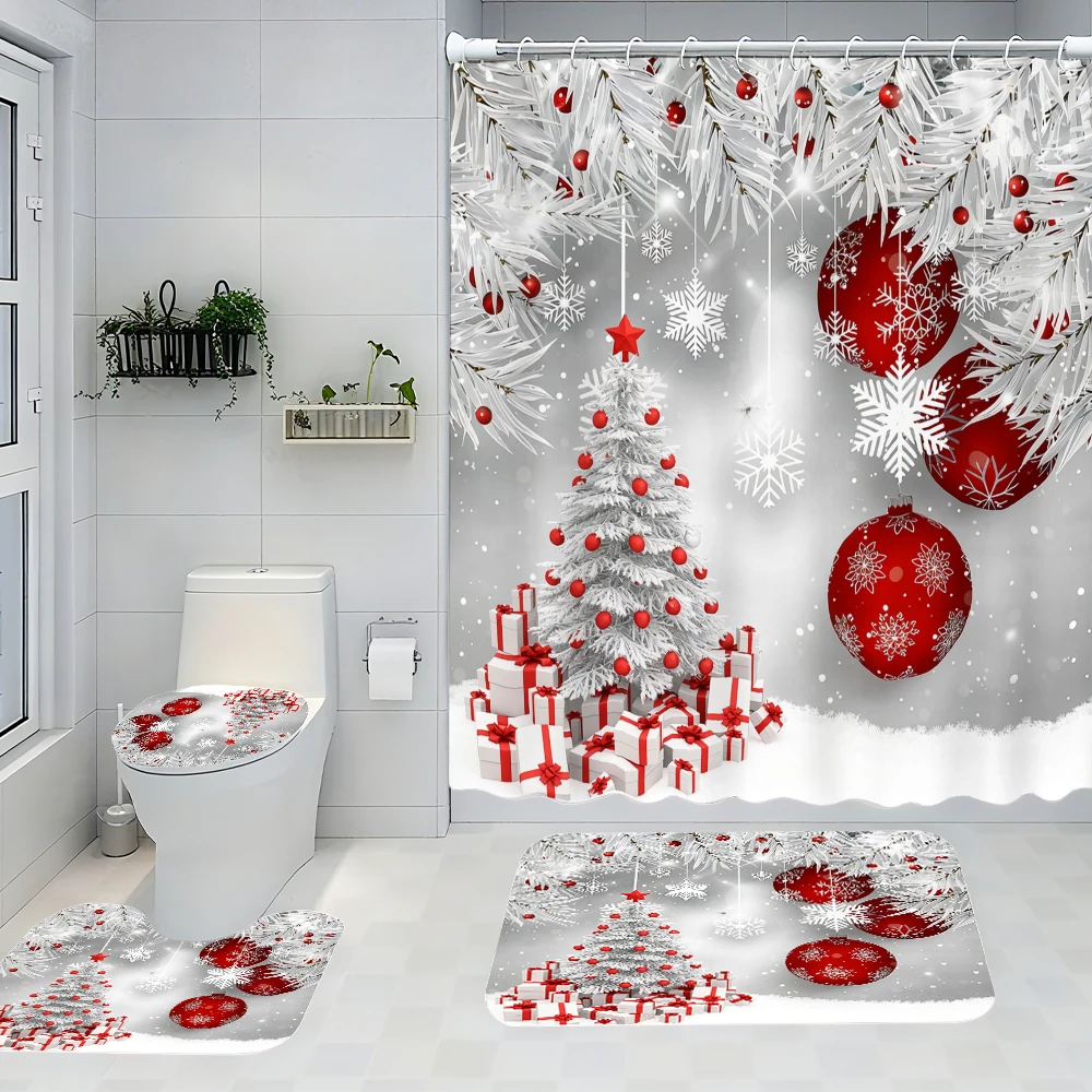 

4pc Christmas bath curtain set, 2D flat printed bathroom partition curtains, modern home curtain decoration