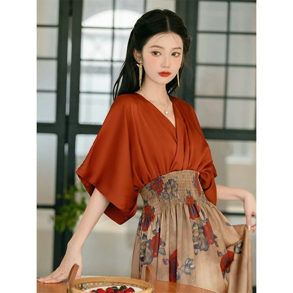 

National Style Fake two-piece Red Dress Retro Vacation Daily Hanfu Dress Set Tea Art Lady Graceful Improved Red Hanfu Dress