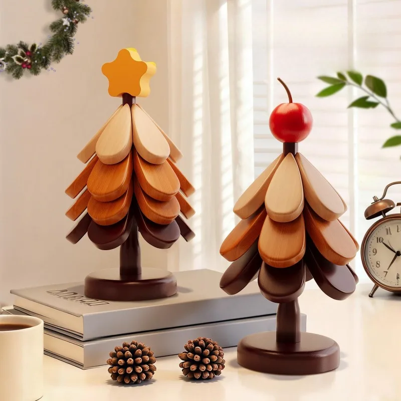 New Christmas Tree Heat Insulation Mat Christmas Table Decoration, Solid Wood Pot Holder Foldable Cup and Bowl Mat