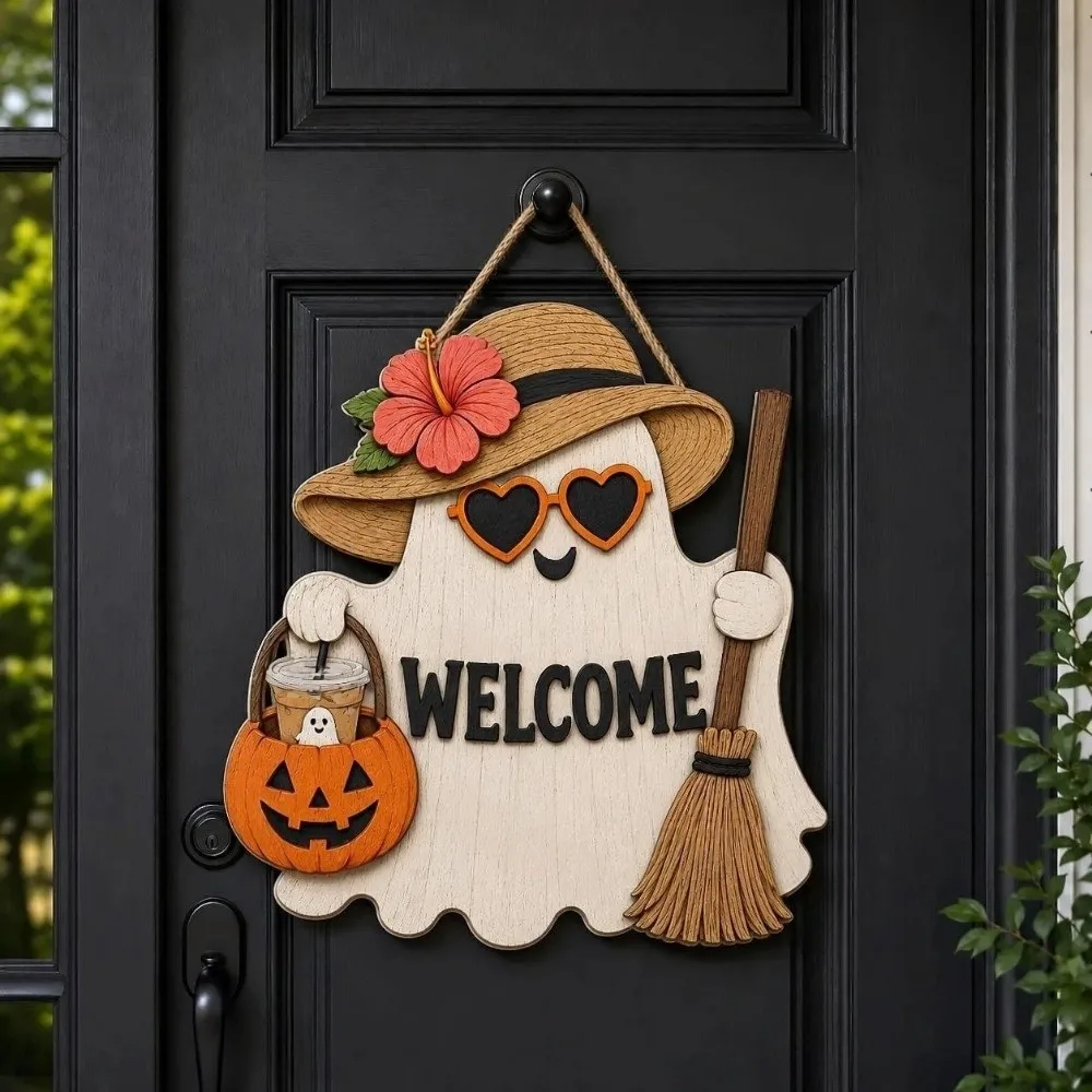 2D Flat Ghost Door Hanging Cartoon Pattern Rustic Style Ghost Witch Hat Doorplate White-Clad Ghost Theme Wooden Doorplate