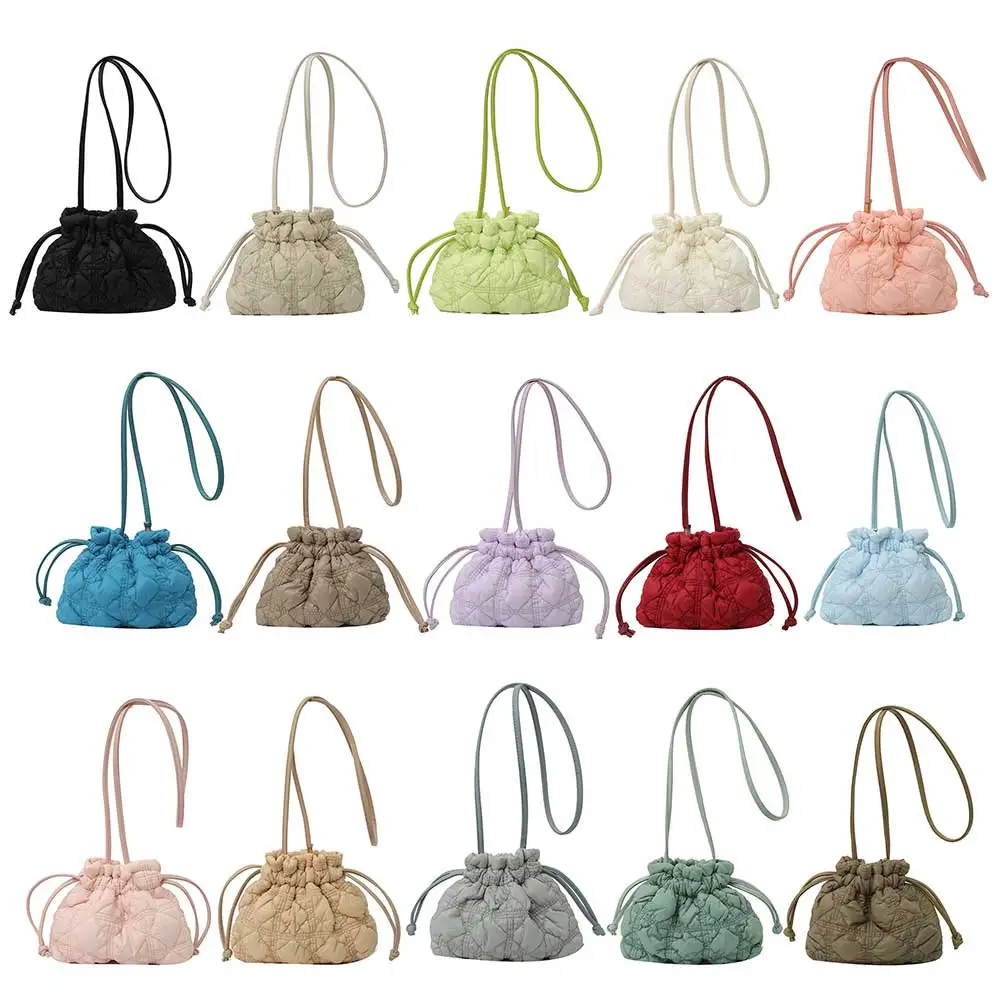 Women Puffer Bucket Bag Detachable Strap Drawstring Shoulder Bags Solid Color Quilted Crossbody Bag for Outdoor Travel