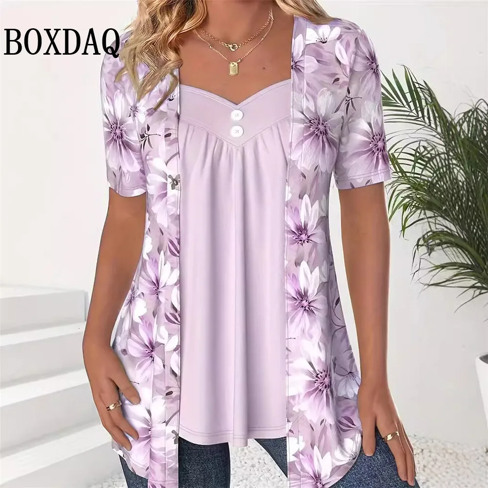 2024 Nowe koszulki damskie Moda Elegancka dama Fałszywe dwuczęściowe koszule z nadrukiem kwiatowym Casualowe luźne topy z krótkim rękawem Plus Size
