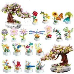 DIY Butterfly Lnsect Potted Plant Bonsai Flower Rose Decoration Mini Building Block Toy Girls Valentines Day Christmas Gift