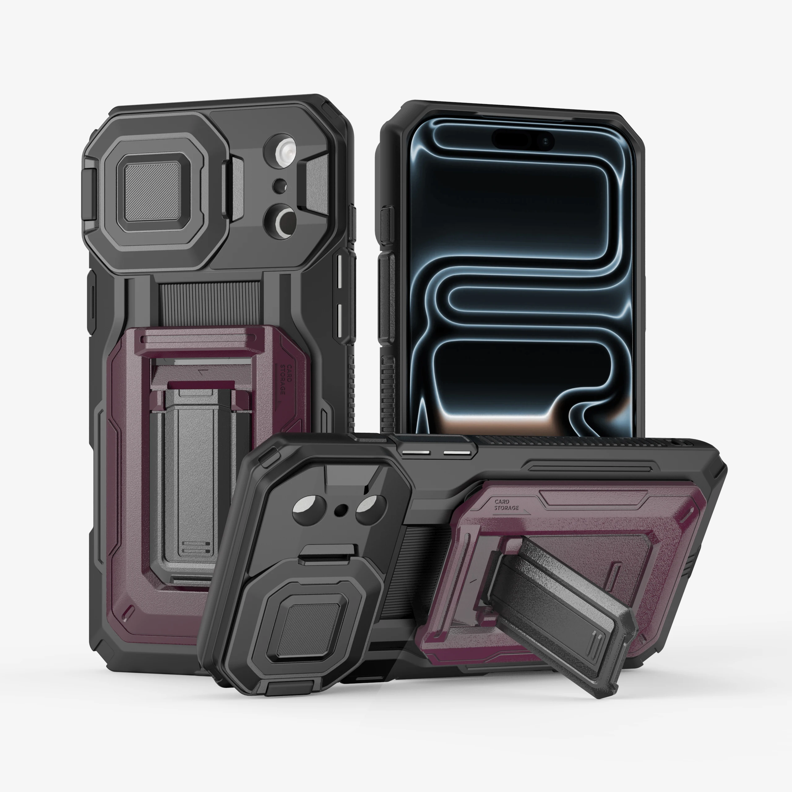 Shockproof Bracket Armor Card Slot Wallet Case For iPhone 17 16 15 14 13 Pro Max Plus Camera Lens 360 Degreed Protection Cover view 2