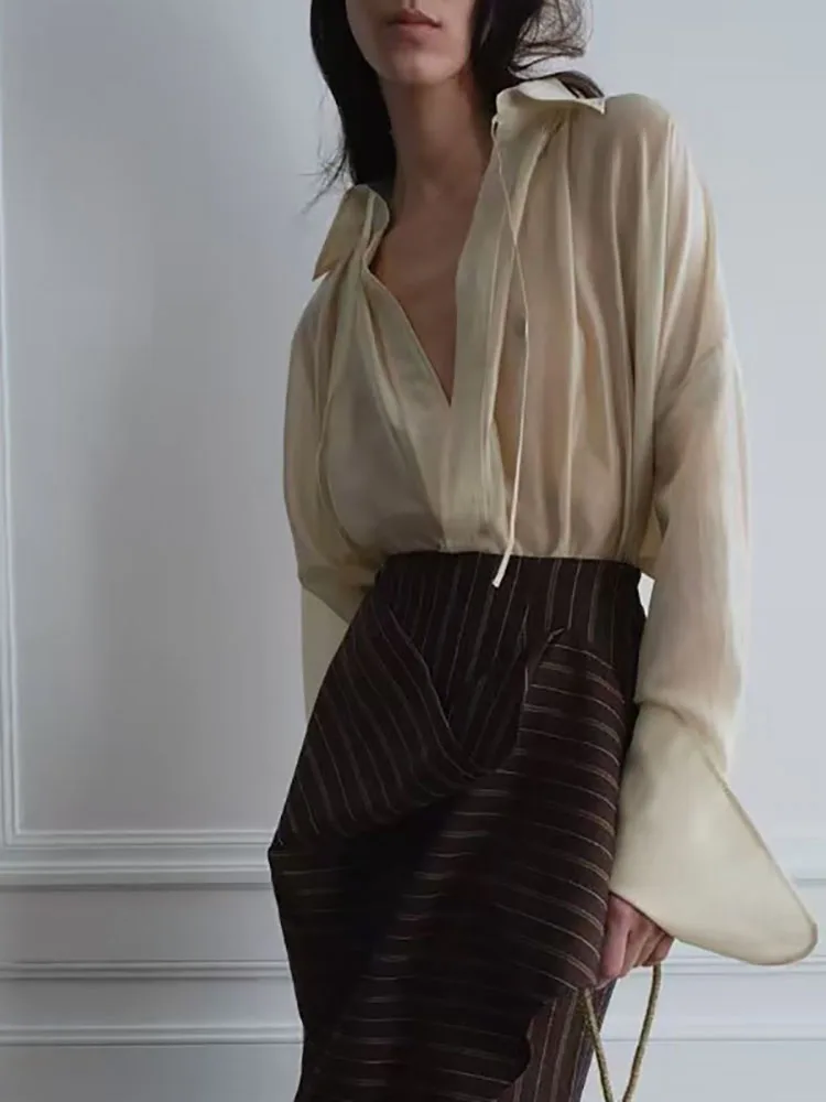 Spring 2026 New Style - Elegant Collar Ruffled Tie-Back Shirt for Women - Sophisticated Loose Long-Sleeved Business Shirt