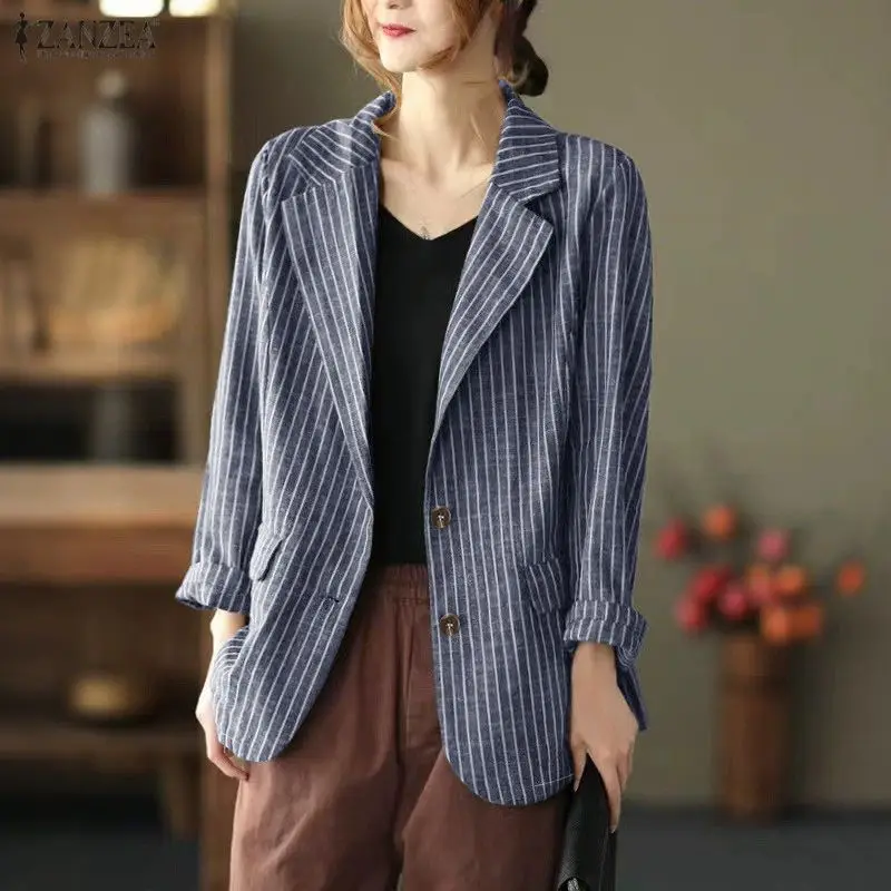 

Women's Spring Casual Lightweight Blazer Long Sleeve Notched Lapel Loose Striped Jackets ZANZEA Autumn Office Wear Woman Clothes