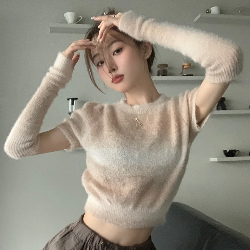 

Gradient Pullovers Women Slim Y2k Hotsweet with Cuff Furry Casual Soft College Fashion Korean Style New Spring Knitwear Harajuku