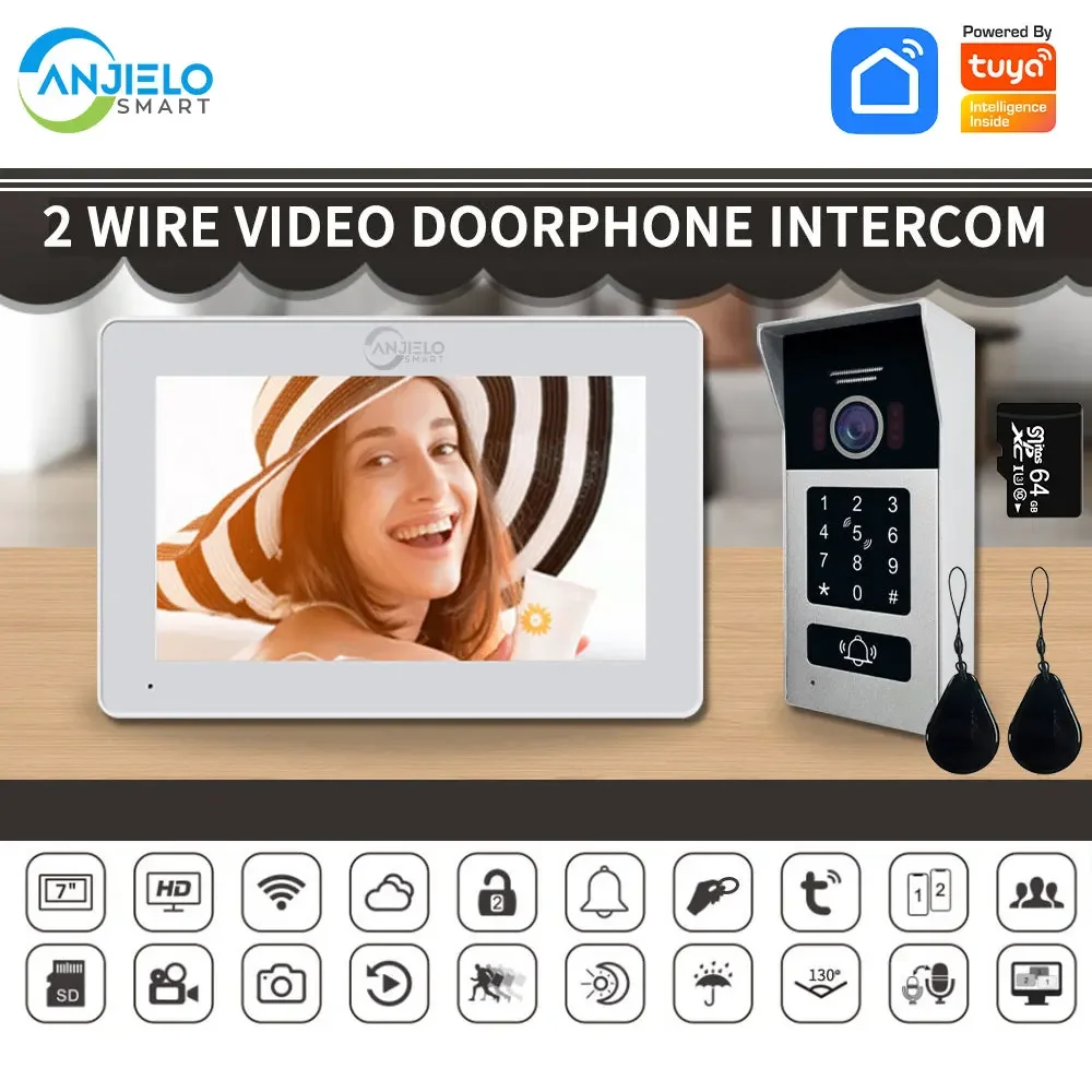 2 Wired BUS Video Intercom Doorbell Camera 1080P Tuya 7 Inch Touch Monitor With RFID Card Access Doorphone System For Home Villa