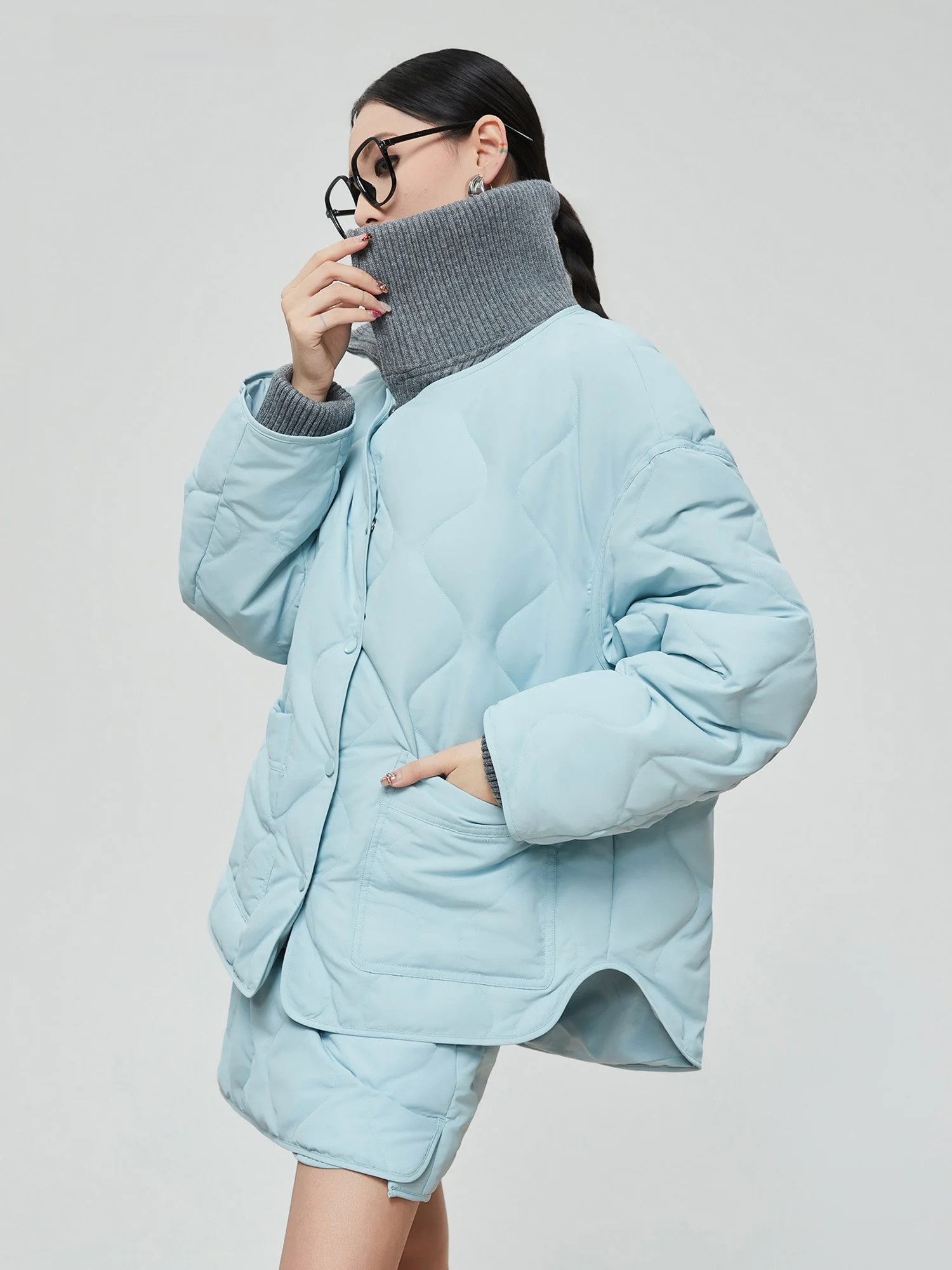 

Синяя утепленная вязаная хлопковая куртка с высоким воротником для женщин, свободная теплая зимняя новинка, двухслойная, простая, для повседневной носки