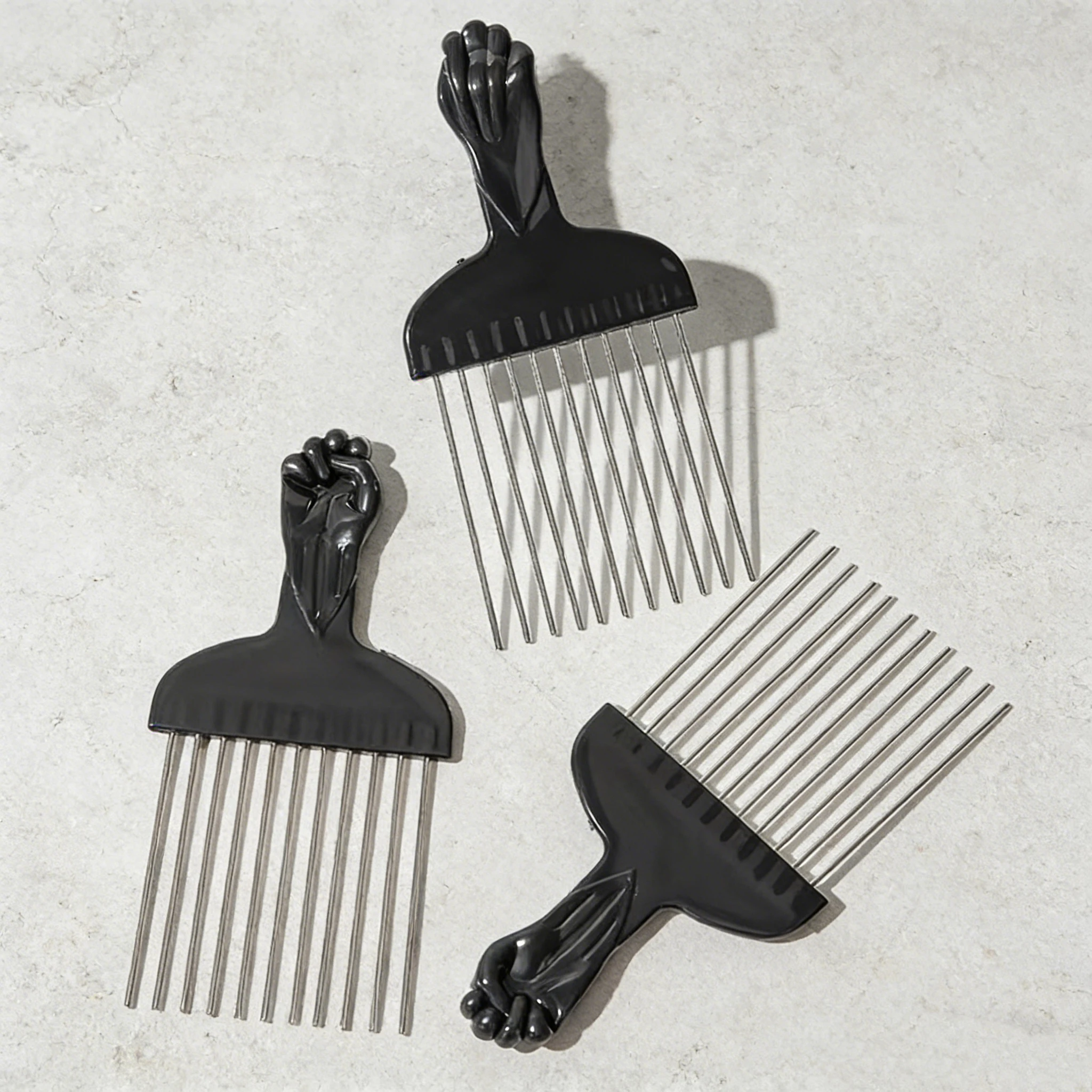 3-Piece Metal Hair Pick Combs Fist Shaped Handle Afro Curly Hair Lift Comb Salon Textured Hairstyle Grooming Accessories
