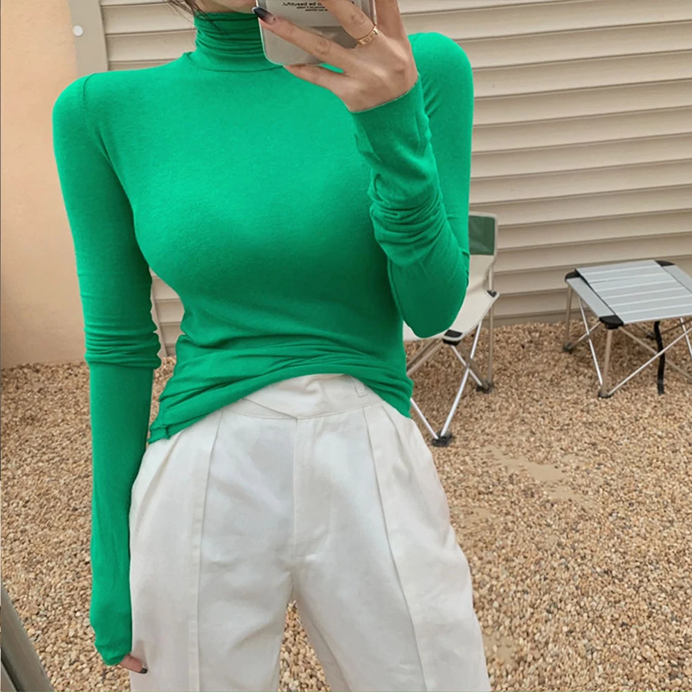 Turtleneck Basic Soft Knitted Women's Sweater Korean Fashion Long Sleeve Vintage Jumpers Female Pullover Hem Without Stitching