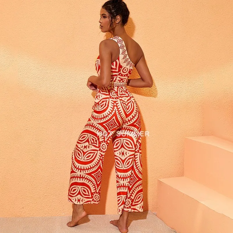 SUNSIREN Ethnic Style Print One-Piece Swimsuit Women One Shoulder Retro Two Pieces Swimsuit Vintage High Waist Beach Pants 2024