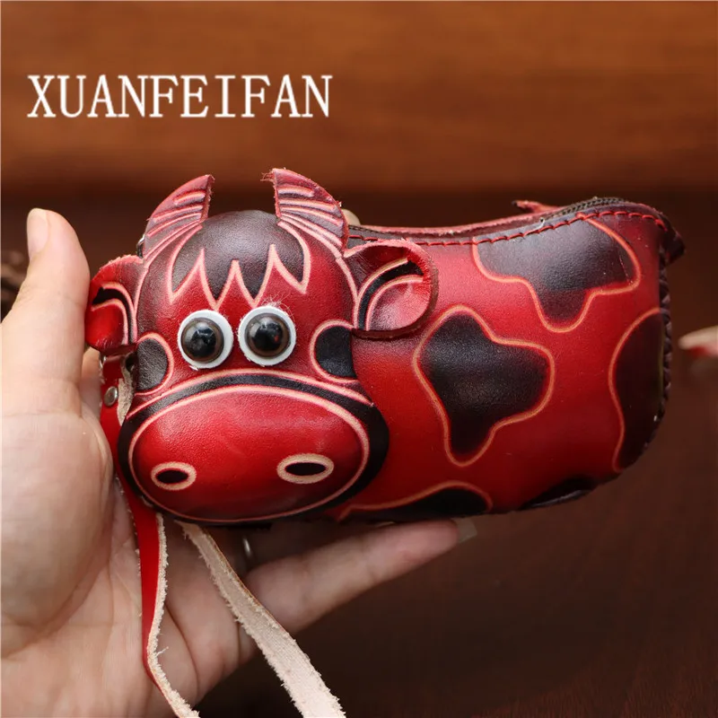 First Layer Cowhide Leather Creative Cartoon Calf Coin Purse Car Key Bag Children'S Tree Cream Skin Zodiac Mini Handbag