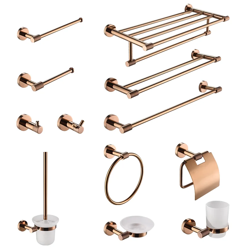 Rose Gold Stainless Steel Wall-mounted Robe Hooks Toilet Paper Holder Towel Bar Rack Towel Ring Bathroom WC Accessories Sets