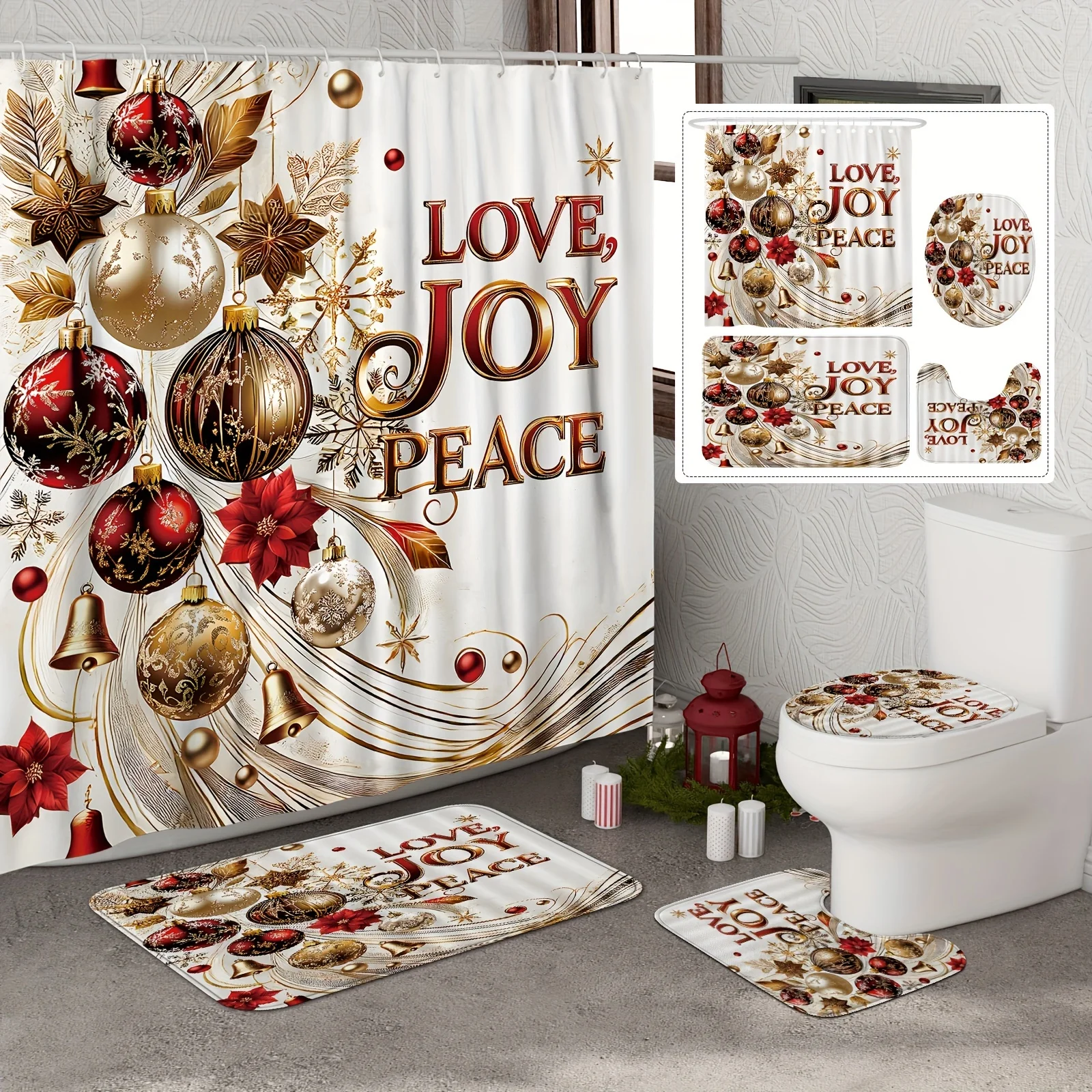 

4 шт., рождественский зимний комплект для ванной с цветочным принтом и снежинками — роскошная занавеска для душа из красного золота, 12 крючков, нескользящий коврик, U-образная крышка для унитаза