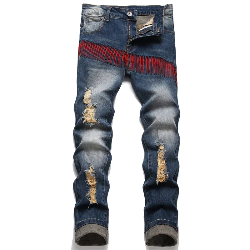 Jeans rétro en lambeaux pour hommes, broderie personnalisée, mode de rue, marque, coupe couvertes, pieds déFlex, haut de gamme, fjj