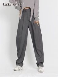 TWOTWINSTYLE, pantalones largos informales lisos para mujer, pantalones de pierna ancha holgados con bolsillos de almazuela de cintura alta, ropa de primavera 2024