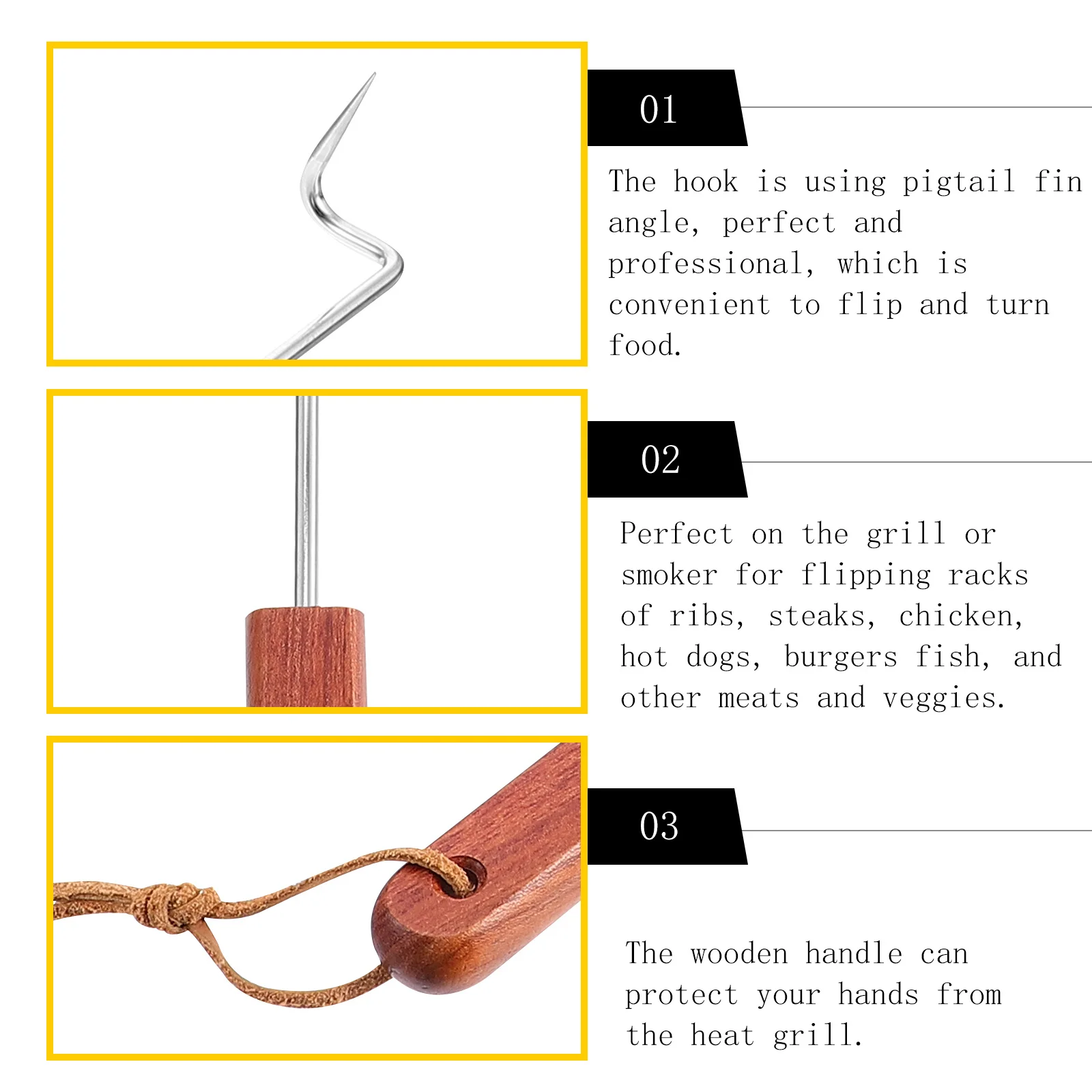 

1 шт., вилка для мяса, гриль из нержавеющей стали, флиппер для барбекю, токарный крючок с деревянной ручкой, флиппер для еды для ребер, стейков, курицы, хот-догов, гамбургеров