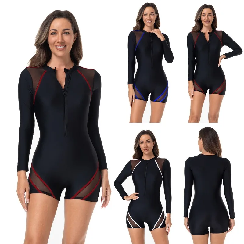 

3 Colors European and American Swimsuit Women's Surf Suit Zipper Flat-angle Diving Suit Sports Swimwear Lace Bar Splicing