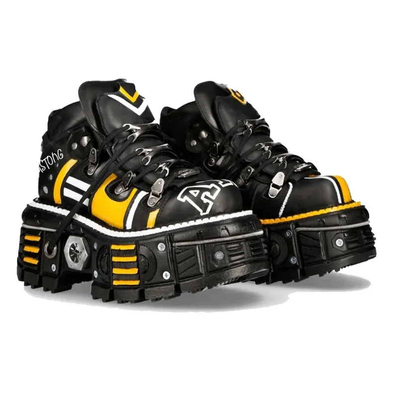 

Fashion Punk New Men's Ankle Motorcycle Boots Spanish Tank Metal High-Top Platform Women Genuine Leather Street Grunge Rock Shoe