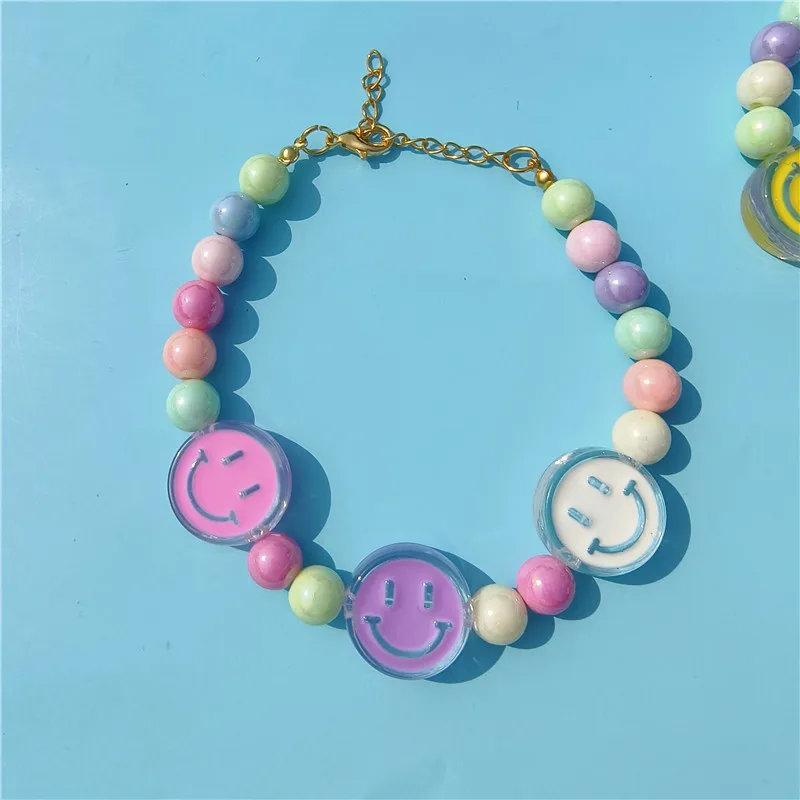 New Pet Supplies Handmade Colorful Cartoon Bead String Pet Collar Smiling Face Love Claw Style Beads Necklace for Puppy Dog Cat