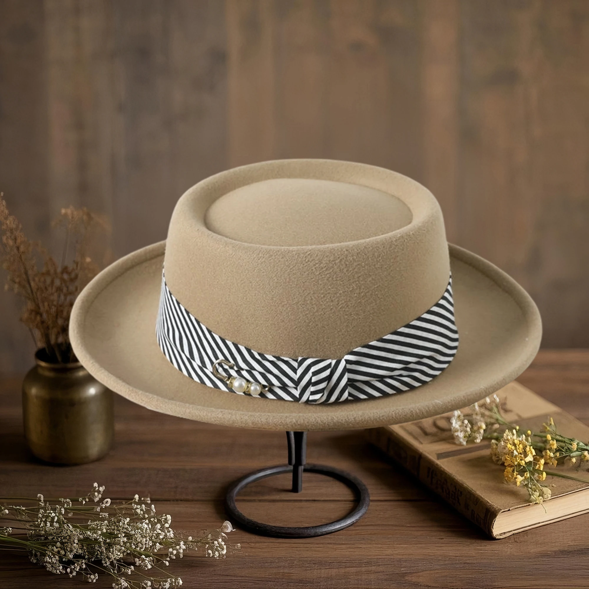 Vintage Style Woolen Cloche Hat with Striped Belt and Curled Edge Detail Elegant Fedora Cap for Parties and Special Occasions