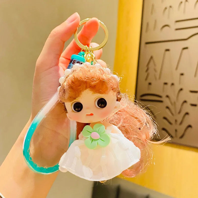 Cartoon Flowers Pink Gauze Dress Girl Doll Key Chain Cute Big Eyes Golden Curly Hair Little Princess Keyring Women Bag Pendant