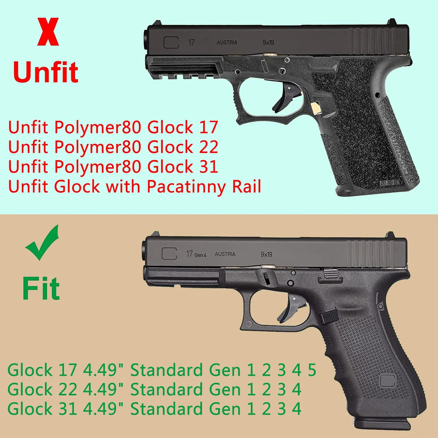 Glock 17 (Gen 1-5) / Glock 22 31 (Gen 1-4) Compatible with Glock 19 19X 25 44 45 (Gen 1-5) / Glock 23 32 (Gen 1-4)