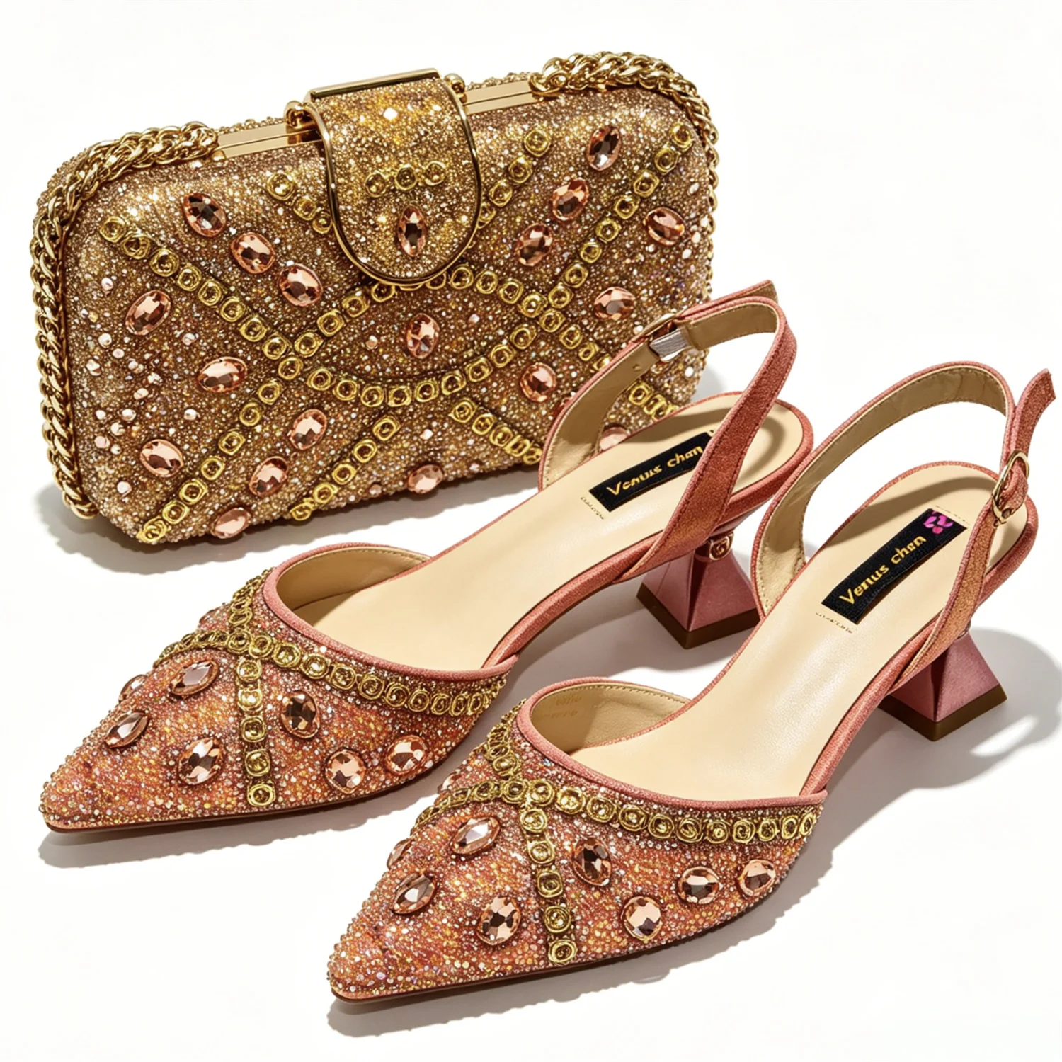 Doershow New Arrival African Wedding Shoes and Bag Set gold Color Italian Shoes with Matching Bags Nigerian lady party