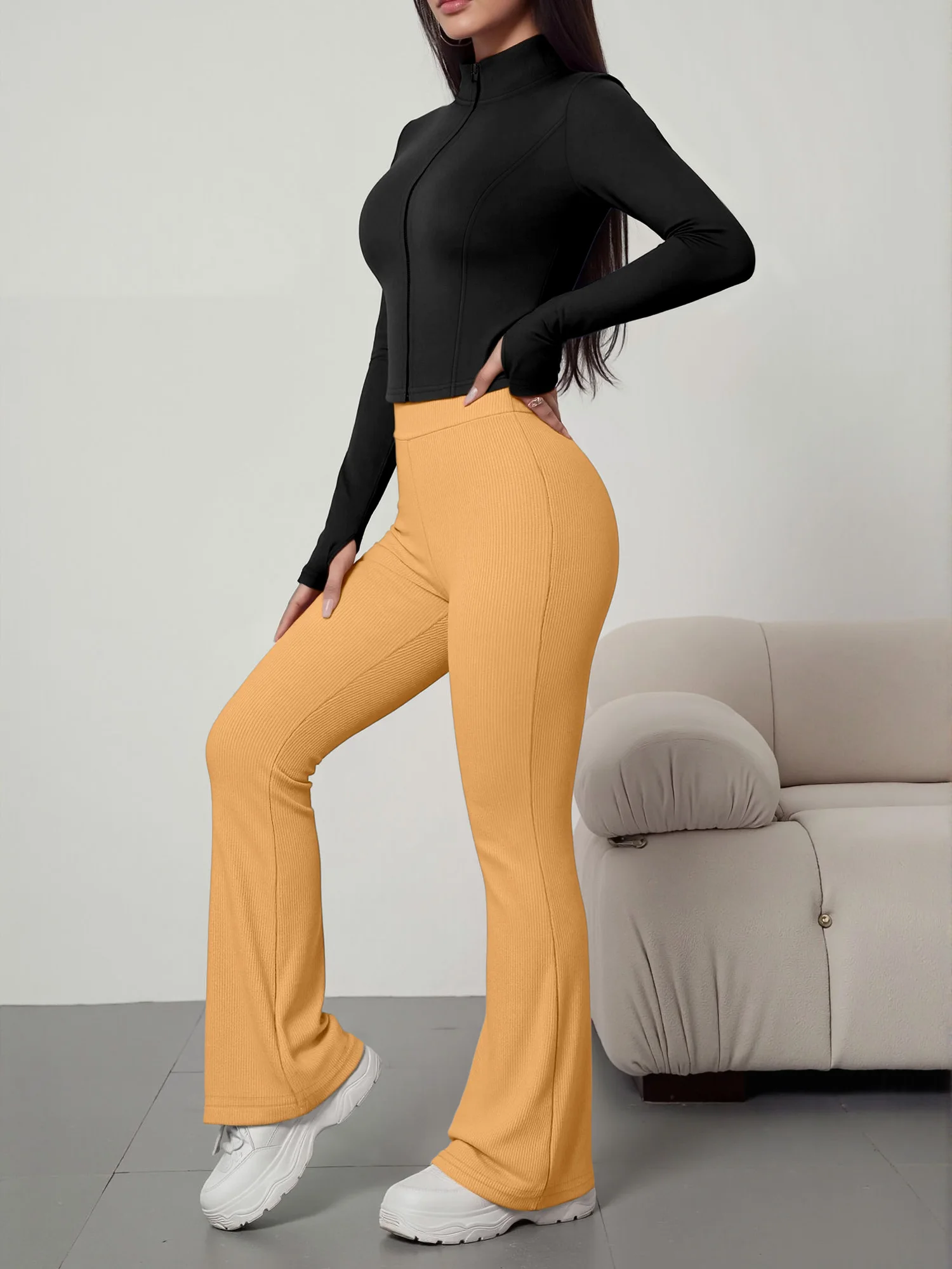 European American Women Ribbed Knit Two Piece Set, Long Sleeve Zip Top With High Waist Flare Pants, Casual Slim Daily Outfit