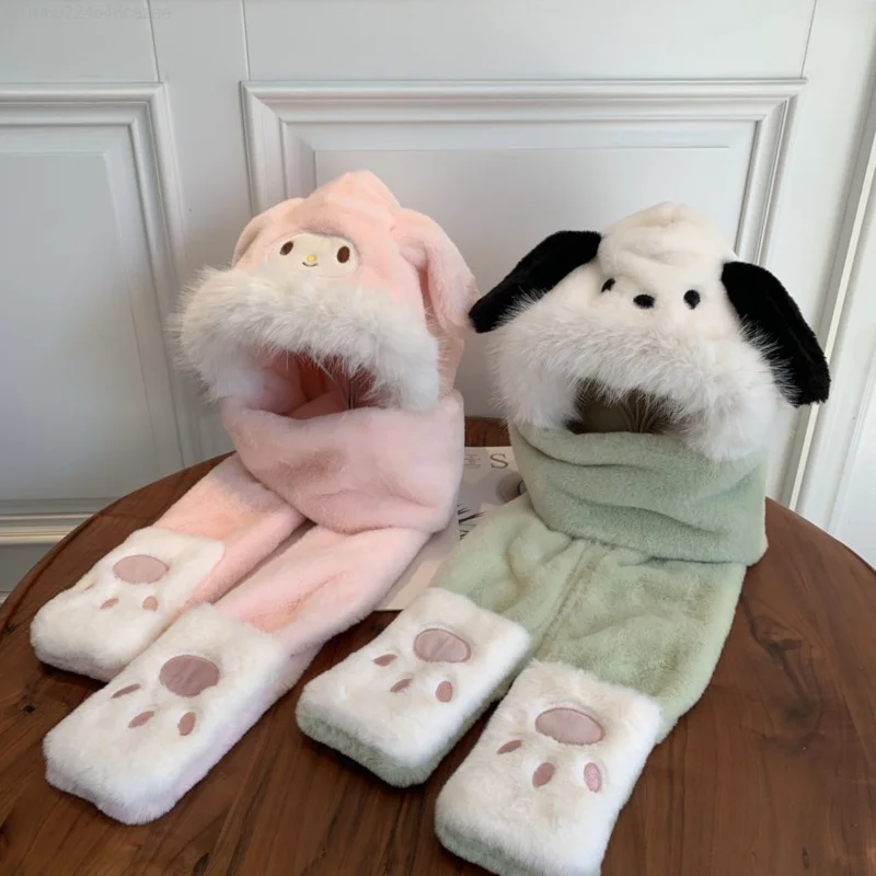 Sanrio Melodie Kuromi Schattige Y 2K Meisje Pluche Sjaal Met Capuchon Kinderen Nieuwe Warme Handschoenen Hoeden Sjaals Allemaal In Één Herfst Winteraccessoires