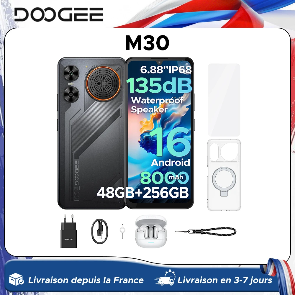 Smartphone DOOGEE M30, haut-parleur 135 dB, Android 16, batterie 8000 mAh, écran 6,88'', 48 Go de RAM (6 Go + 42 Go), 256 Go de ROM, UNISOC T7280, NFC
