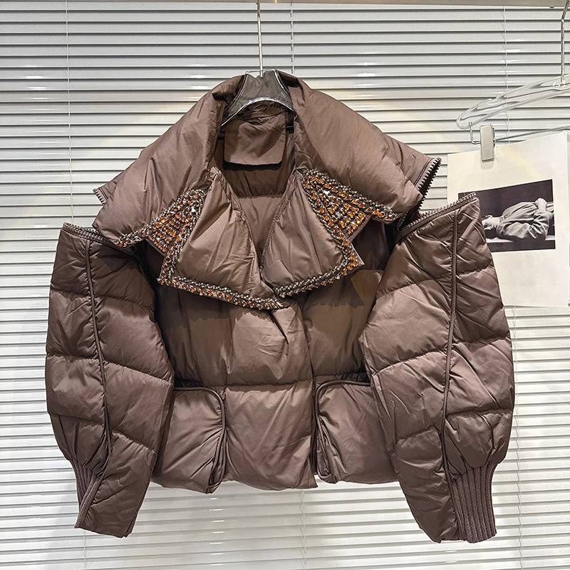 2025 Winter New Water Drop Diamond Nail Bead Flip Loose Warm Down Jacket for Women Personality Elegant Short Style Coat