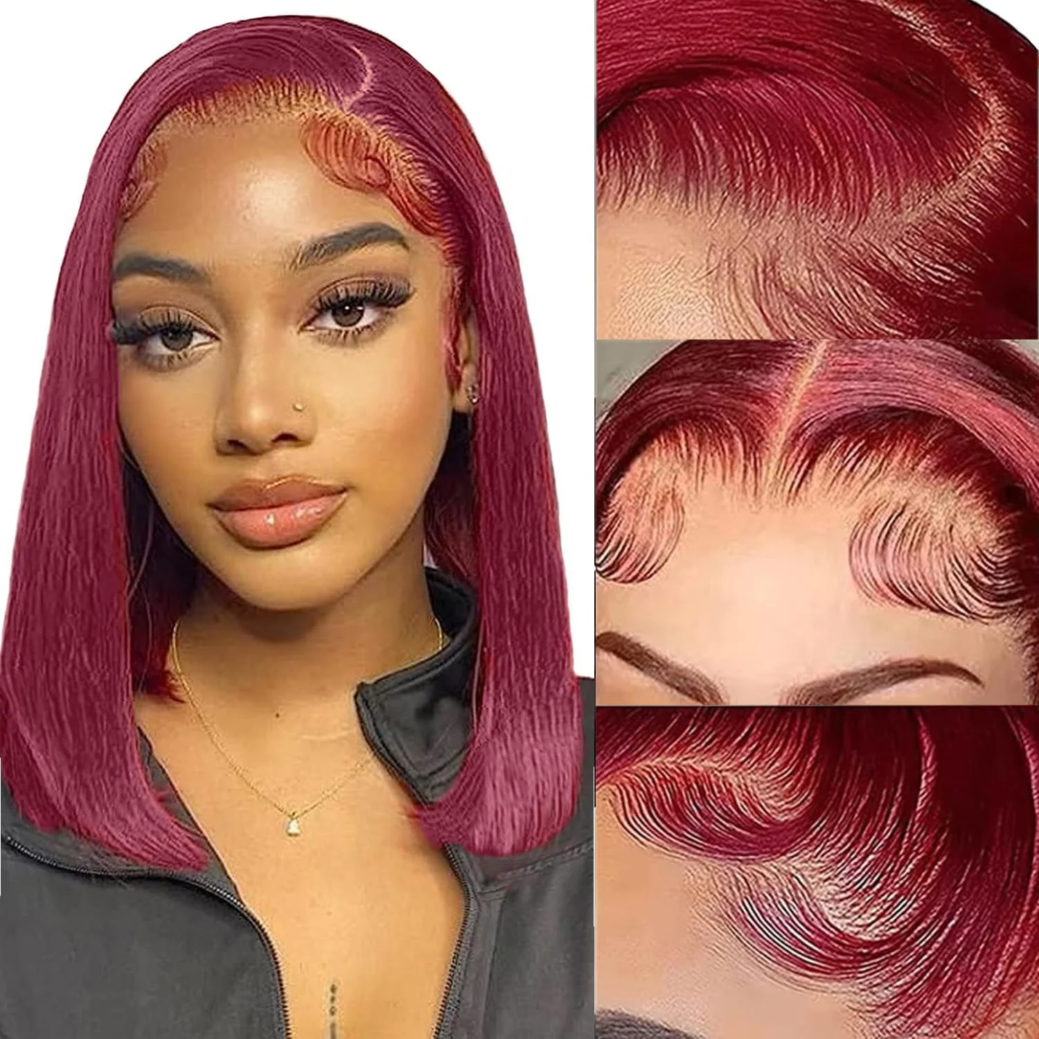 

99J Short Bob Wig Human Hair 13x4 Full Lace Front Wig Red Burgundy Colored Bob Wigs For Women PrePlucked 180 Density 10-14Inches