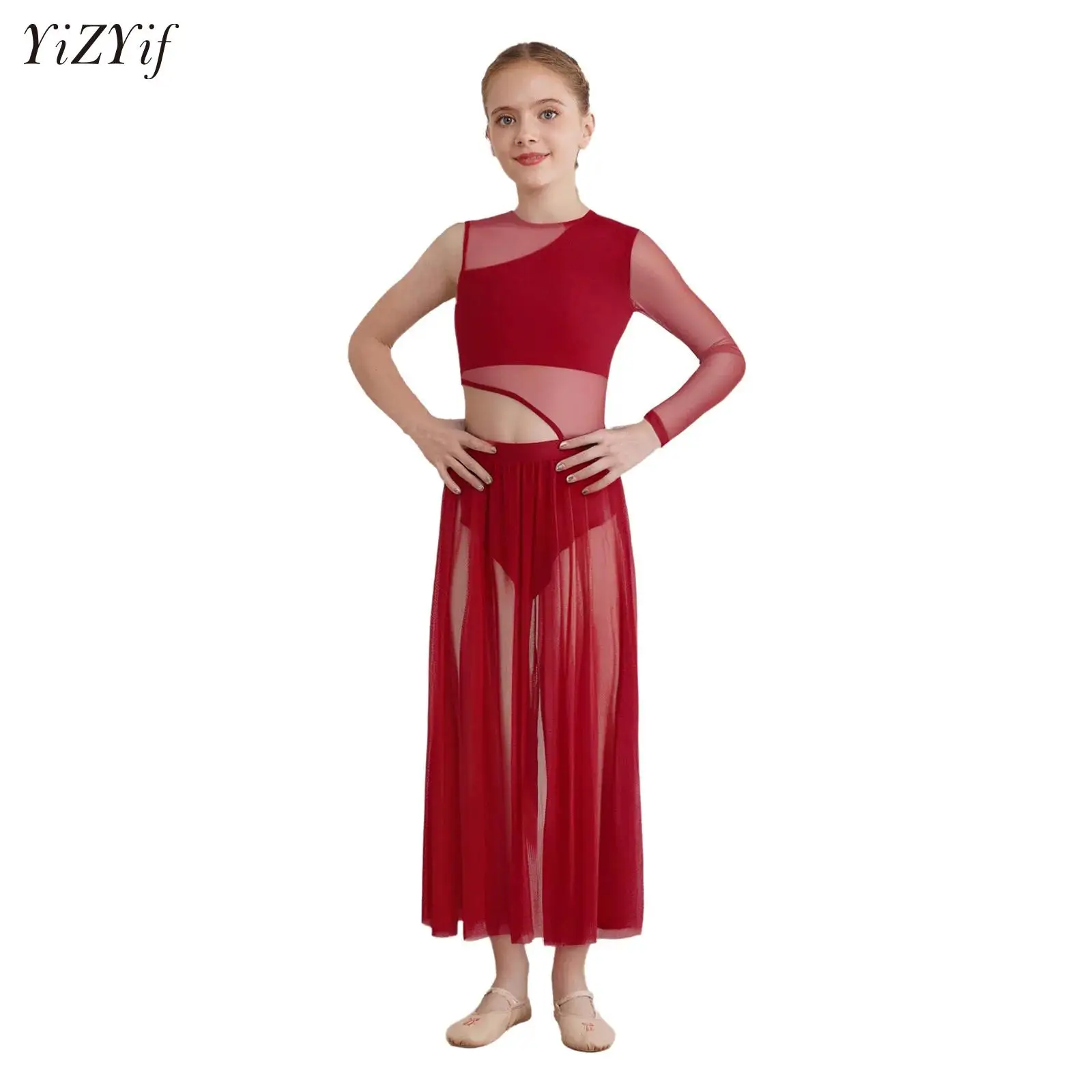 

Kids Lyrical Outfits Contemporary Clothes for Girls Modern Lyrical Dance Costume Sides Split Mesh Asymmetrical Dress Dancewear