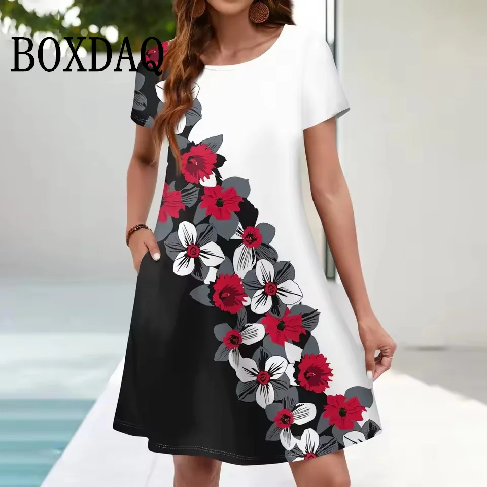 9XL Plus Size Summer Dresses For Women Beach Floral Sundress Short Sleeve Pocket Casual Loose Short Dress Vintage Print Vestidos