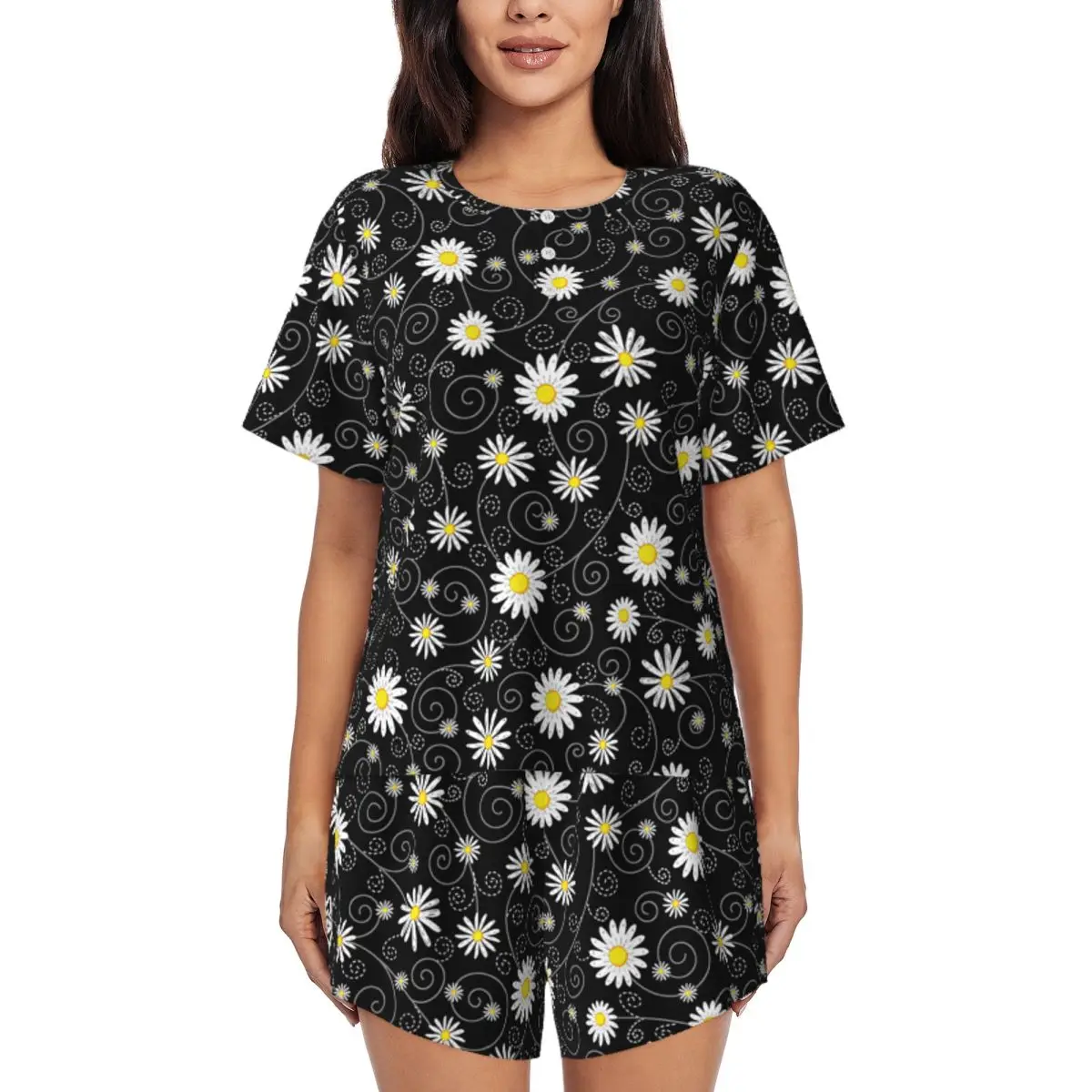 

Custom Black Daisy Flower Pajama Sets Women's 2 Piece Daisies Floral Short Sleeve Pjs Shorts Sleepwear