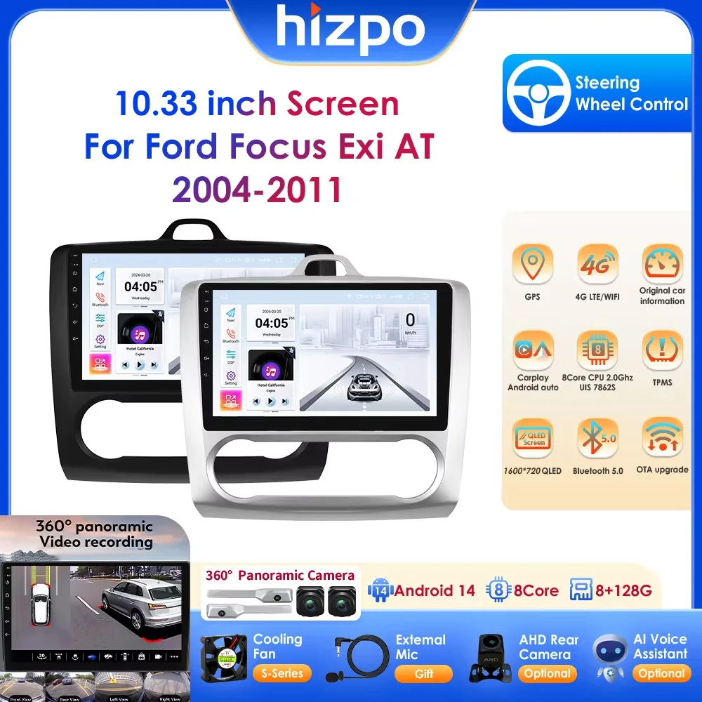 Reproductor de Radio para coche Android 14, 10,33 ", 2 Din, compatible con Carplay inalámbrico, Android Auto AI Pro, TPMS, OBD, DAB, RDS, BT, GPS para Ford Focus Mk2
