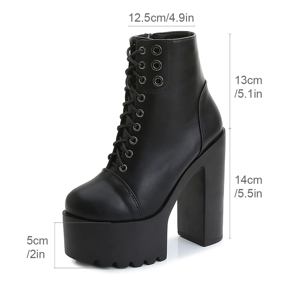 Gdgydh Women\'s Block Heeled Goth Boots Round Closed Toe Side Zipper Shoes Solid Color Lace Up Platform Heeled Shoes Non Slip